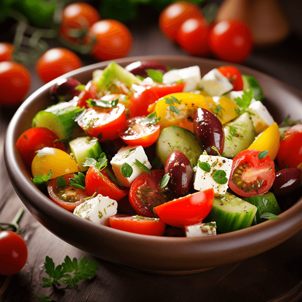 Frischer Salat mit Tomaten, Gurken, Kidneybohnen und Feta